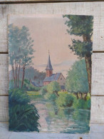 Ancien Tableau Église De Saint-Médard Vue Des Bords De L'Oise Signé A. Grançon - Huiles