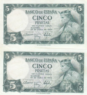 CRBS1337 PAREJA CORRELATIVA BILLETES ESPAÑA 5 PESETA 1954 SIN SERIE EBC - Other & Unclassified