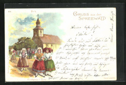 Lithographie Burg /Spreewald, Kirchgang In Burg, Frauen In Tracht - Burg (Spreewald)