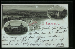 Mondschein-Lithographie Gotha, Schloss Friedenstein, Wasserkünste Am Schlossberg, Totalansicht - Gotha