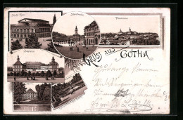 Vorläufer-Lithographie Gotha, Herz. Hof-Theater, Panorama, Hauptmarkt, Museum, 1893 - Gotha
