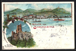 Lithographie Drachenfels /Siebengebirge, Die Ruine, Raddampfer Vor Der Ortschaft  - Drachenfels