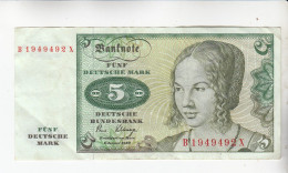 Banknote 5 DM  Von 02.01.1980  B 1949492 X - 5 DM