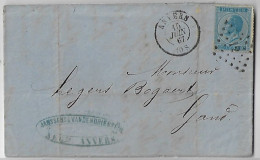 Belgium 1867 Complete Fold Cover Sent From Anvers To Gand Stamp King Leopold I 20 Cents Invoice - 1865-1866 Perfil Izquierdo