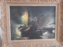 Tableau Peinture Huile Sur Toile Signée  Raphael Ludovic - Marine Bateaux - Huiles