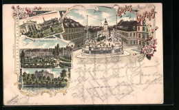 Lithographie Gotha, Crematorium, Friedrichsthal, Marktplatz - Gotha