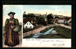 AK Dachau, Strassenpartie Mit Brücke, Herbe Schönheit In Tracht  - Dachau