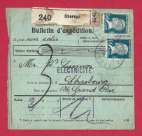 !!! BULLETIN DE COLIS POSTAL ALSACE-LORRAINE DE OBERNAI POUR STRASBOURG DE 1924 - Covers & Documents