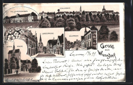 Lithographie Wunstorf, Südstrasse, Stiftskirche, Kgl. Lehrerseminar, Langestrasse  - Wunstorf