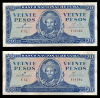 CUBA 20 PESOS 1961 FIRMA DEL CHE PAREJA CORRELATIVA SC-UNC - Cuba