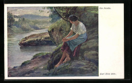 Künstler-AK A. Zandrino: Die Forelle - Junge Frau Am Flussufer - Zandrino