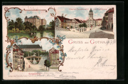Lithographie Gotha, Schlossberg, Oberer Hauptmarkt Mit Rathaus - Gotha