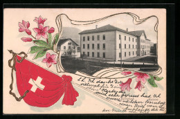 Passepartout-Lithographie Liestal, Kasernengebäude, Schweizer Fahne, Blumen  - Liestal