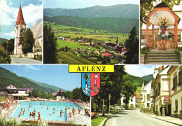 AFLENZ, STYRIA, MULTIPLE VIEWS, ARCHITECTURE, CHURCH, TOWER WITH CLOCK, RESORT, POOL, EMBLEM, CAR, AUSTRIA, POSTCARD - Alfenz