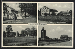 AK Rehagen / Klausdorf, Schule U. NSV-Kindergarten, Feuerwehrturm, Dorfaue M. Heldenmal, Chausseestrasse  - Klausdorf