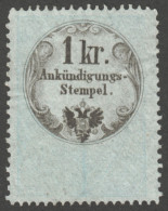 Austria Hungary Croatia KuK K.u.K 1858 1864 Revenue Tax COPPERPLATE ADVERTISING Tax Ankündigungs Stempel 1 Kr. - Fiscaux