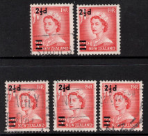 NEW ZEALAND 1958 - 61  PROVISIONAL  2.1/2d ON 3d RED "QUEEN ELIZABETH  II (5) STAMPS VFU. - Used Stamps