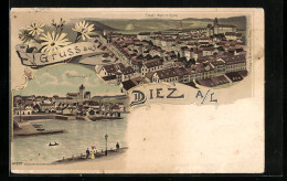 Lithographie Diez A. L., Ortsansicht, Hafenanlage  - Diez
