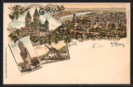 Lithographie Andernach A. Rhein, Panorama, Pfarrkirche, Alter Krahnen  - Andernach