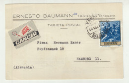 Spain Cancer Cinderella On Ernesto Baumann, Barcelona Company Postal Card Posted 1960 To Hamburg B240615 - Brieven En Documenten