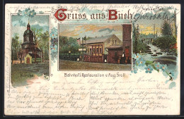 Lithographie Berlin-Buch, Bahnhof`s Restaurant Von Aug. Groll, Kirche, Wasserfall  - Buch