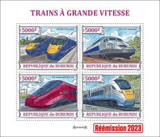 Burundi 2023, High Speed Trains, Re-issued, 4val In Block - Unused Stamps