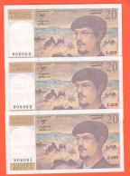 France Vingt 20 Francs Debussy 1990 3 Numéros Consécutifs UNC Francia 3 Banconote Da 20 Franchi Numeri Consecutivi - 20 F 1980-1997 ''Debussy''