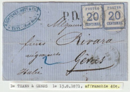1350p - Tarif Lettre 40 Ctes Pour L'ITALIE - THANN Pour GENES - Aout 1871 - - Cartas & Documentos