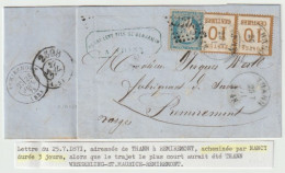 1355p - Mixte THANN Pour REMIREMONT Vosges Via NANCY - Juillet 1871 - 2 X 10 Ctes Alsace + 20 Ctes SIEGE  - - War 1870