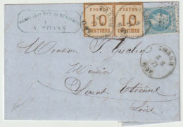 1356p - Mixte THANN Pour St ETIENNE Loire - Aout 1871 - 2 X 10 Ctes Alsace + 20 Ctes NAPOLEON LAURE  - - War 1870