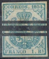Sello 1 Real Isabel II 1854, Azul Claro, Anulado Barrado,   Edifil Num 34AS º - Gebruikt