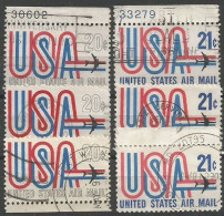 USA Ribbon Airmail 1968/73 SC.# C75+C81 . #2 With Plate  Number + # VFU Circular PMk + #2 Sheet Margin - 3a. 1961-… Gebraucht