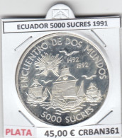 CRBAN361 MONEDA ENCUENTRO ENTRE DOS MUNDOS ECUADOR 5000 SUCRES 1991 PLATA PROOF - Autres – Amérique