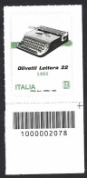Italia 2020; Macchina Per Scrivere Portatile Olivetti Lettera 22: Francobollo A Barre Inferiori. - Códigos De Barras