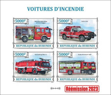 Burundi 2023, Fire Engines, Re-issued, 4val In Block IMPERFORATED - Unused Stamps