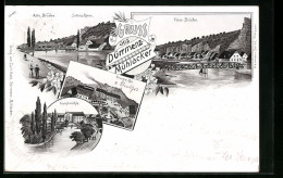 Lithographie Dürrmenz-Mühlacker, Kunstmühle, Brauerei Leo, Alte Brücke, Schloss-Ruine  - Mühlacker