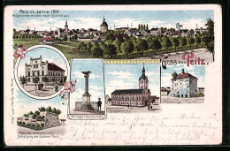 Lithographie Peitz, Ortsansicht Im Jahre 1891, Rathaus, Kriegerdenkmal, Stadtkirche, Festungsturm  - Peitz