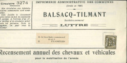 Imprimé "Recensement Annuel Des Chevaux Et Véhicules" De Luttre Affranchi PREO 10c Belgique / 1937 Pour Frameries - Tipo 1929-37 (Leone Araldico)