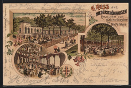 Lithographie Berlin-Niederschönhausen, Restaurant Zum Waldschlösschen, Inh. Ferd. Settekorn, Aussen- Und Innenansich  - Pankow