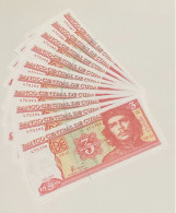 LOT DE BILLETS CUBA, 3 PESOS 2005 Ernesto Guevara, COLLECTION BILLETS CUBAINS, 10 BILLETS UNC Sorti De LIASSE - Cuba