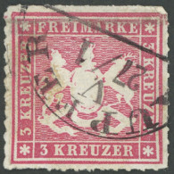 WÜRTTEMBERG 31a O, 1865, 3 Kr. Rosa, Segmentstempel KUPFER, Leichte Bugspur Sonst Pracht - Sonstige & Ohne Zuordnung