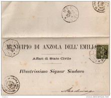 1892  LETTERA CON ANNULLO ANZOLA NELL'EMILIA + MEDICINA BOLOGNA - Marcofilía