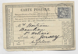FRANCE SAGE 15C GRIS CARTE PRECURSEUR PETIT DEFAUT PARIS 24 OCT 1876 TO ST HELIERS JERSEY ANGLETERRE - Voorloper Kaarten