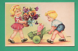 Petit Fille Avec Un Bouquet De Fleurs Petit Garçon Avec Une Brouette Carte Signée Gougeon - Gougeon