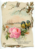 CHROMO IMAGE Découpis * CHOCOLAT POULAIN Oiseaux Couple De Mésanges Fleur Rose Bord De Mer Bateau Voilier - Poulain