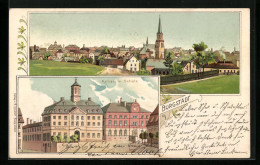 Lithographie Burgstädt, Panorama Der Stadt, Rathaus Mit Schule  - Burgstaedt