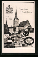AK Schleiz, Festpostkarte Zur 700 Jahrfeier Der Stadt 1932, Fotomontage Mit Strassenbahn Und Motorradrennen  - Schleiz