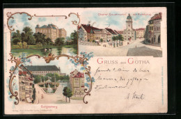 Lithographie Gotha, Oberer Hauptmarkt Mit Rathaus, Schlossberg - Gotha