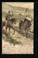 Lithographie Reiter Zu Pferde Grüsst Damen Auf Einem Maultier  - Donkeys