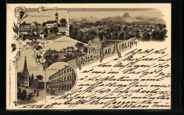 Lithographie Bad Aibling, Brauerei Schuhbräu, Theresien-Monument, Schloss Maxlrain - Bad Aibling